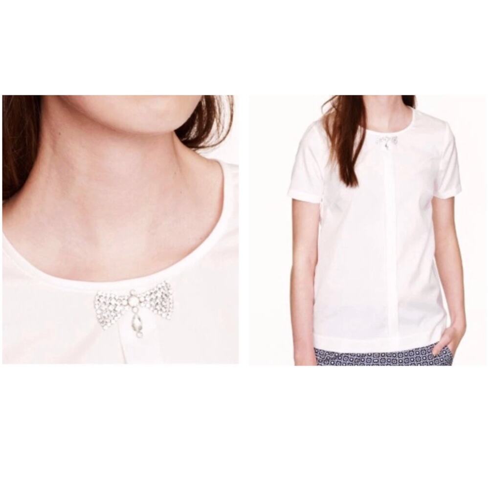 J.Crew White Tailored Blouse Bejeweled Bow Brooch sz 2 Preppy Formal Career